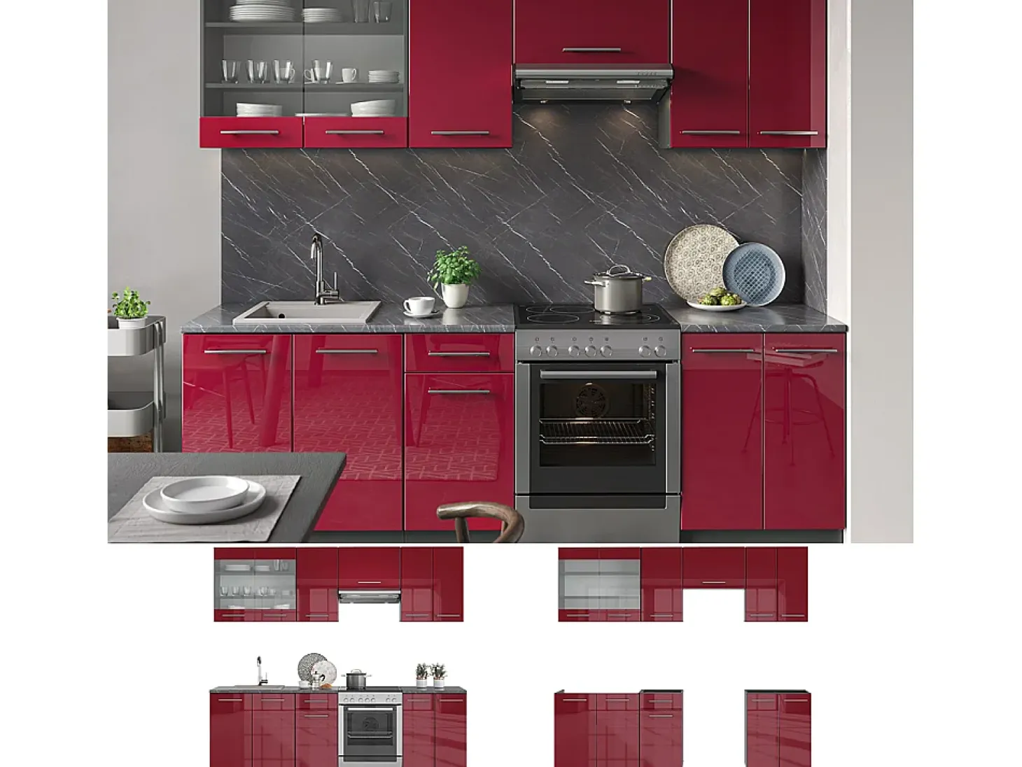 Mueble de cocina burdeos brillo intenso/antracita 240x60x81.6 fame-line