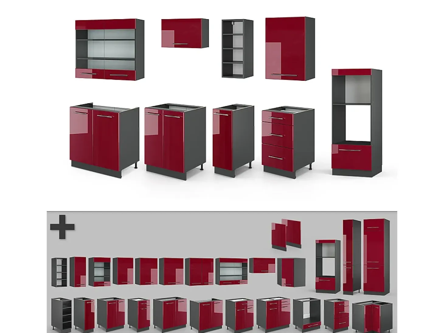 Mueble de cocina burdeos brillo intenso/antracita 280x60x81.6 fame-line