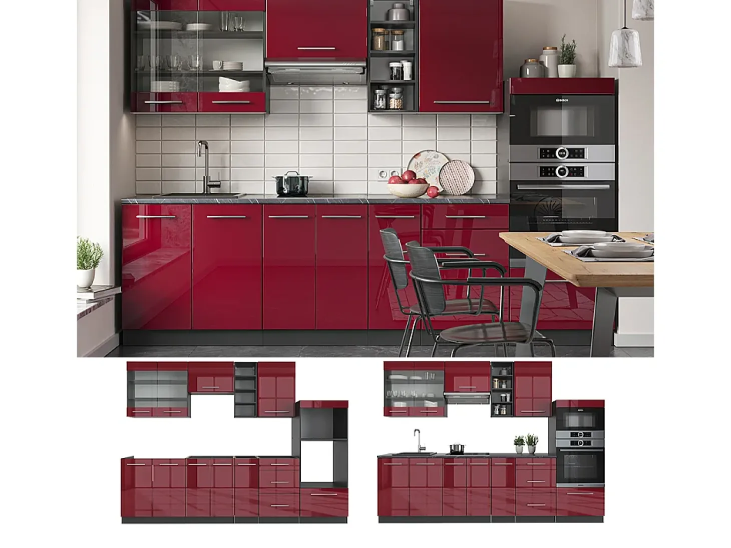 Mueble de cocina burdeos brillo intenso/antracita 280x60x81.6 fame-line