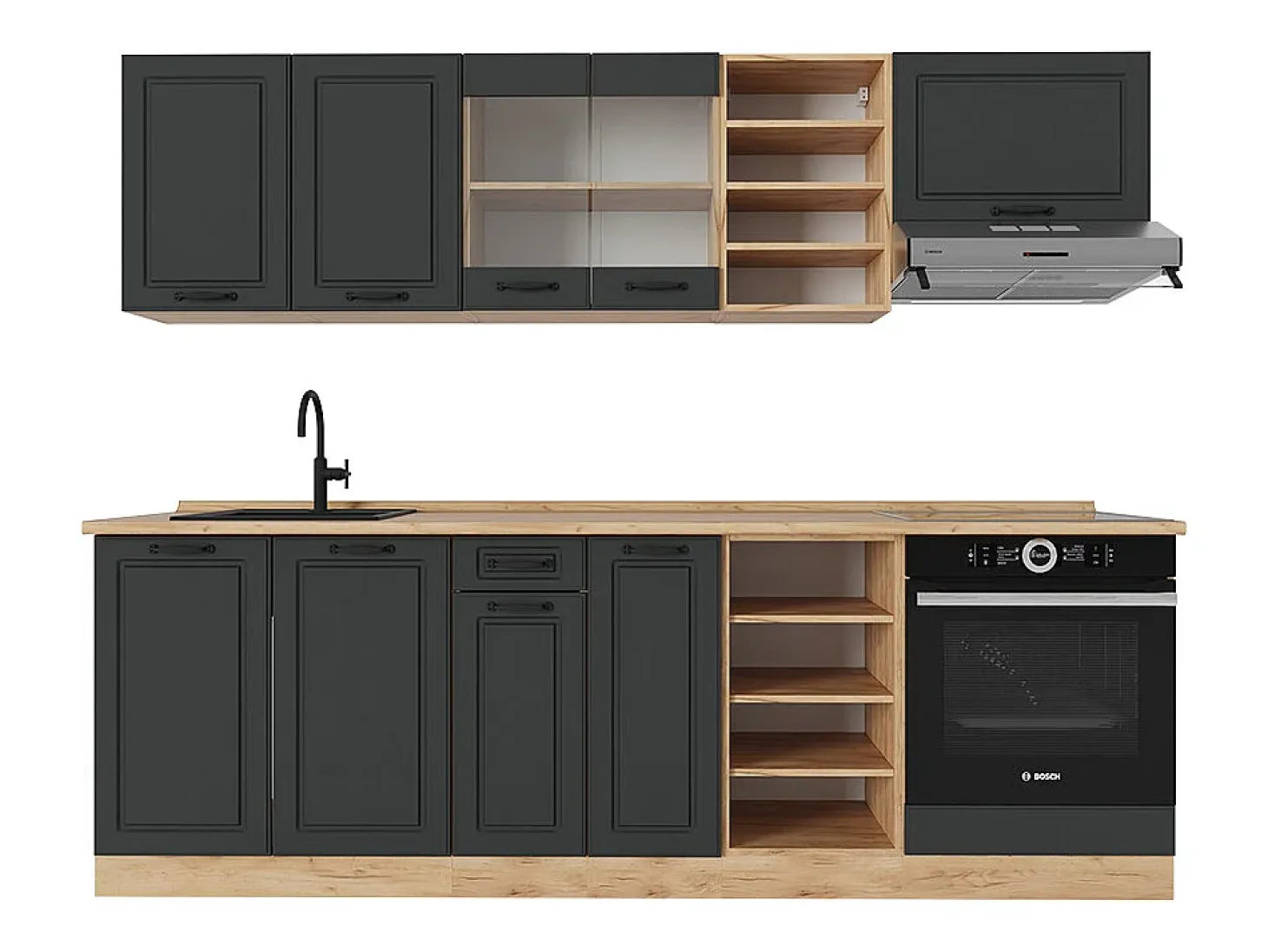 Mueble de cocina casa de campo antracita/roble dorado 240x46x81.6 r-line