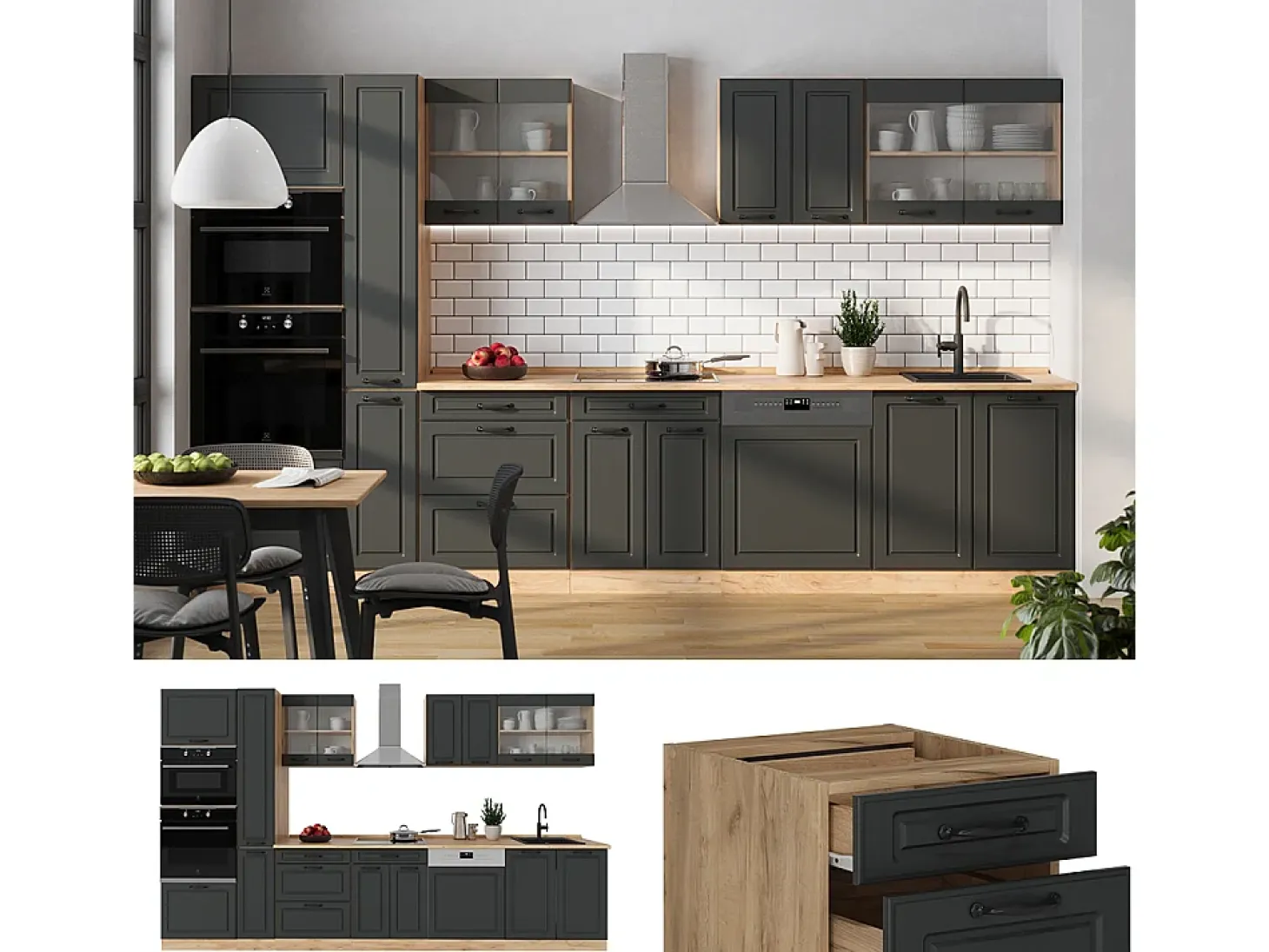 Mueble de cocina casa de campo antracita/roble dorado 350x46x81.6 r-line