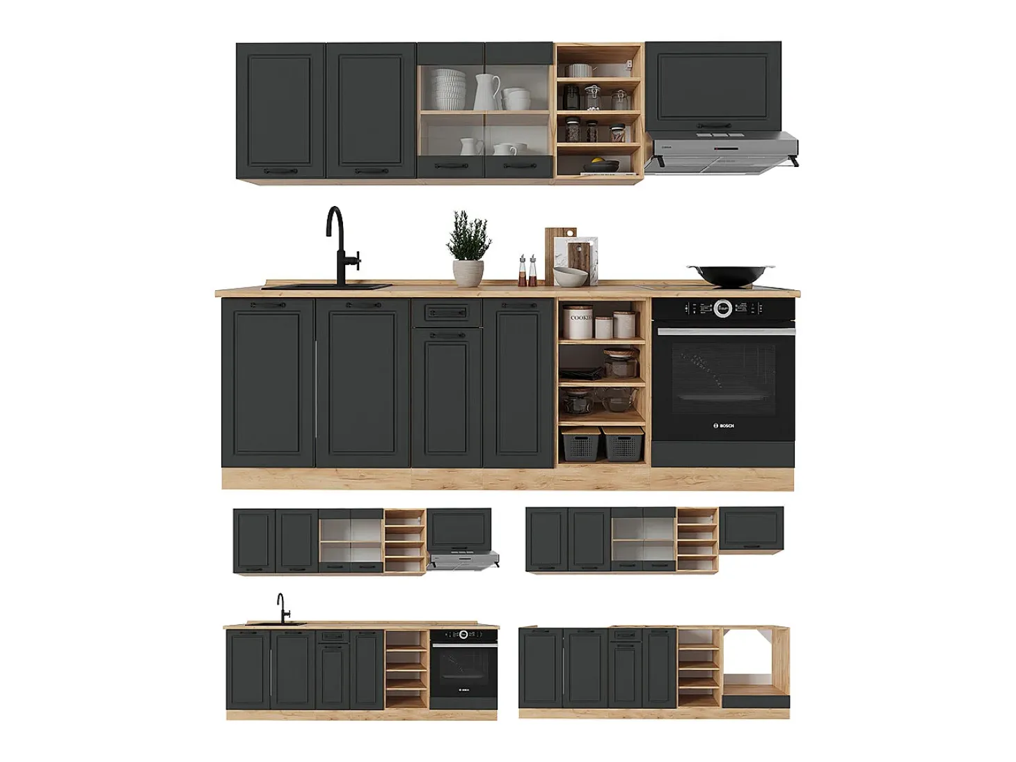 Mueble de cocina casa de campo antracita/roble dorado 240x60x81.6 r-line