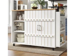Mueble de cocina con ruedas, encimera, estantes y cajones, blanco, puertas correderas, toallero (110x42x90 cm)