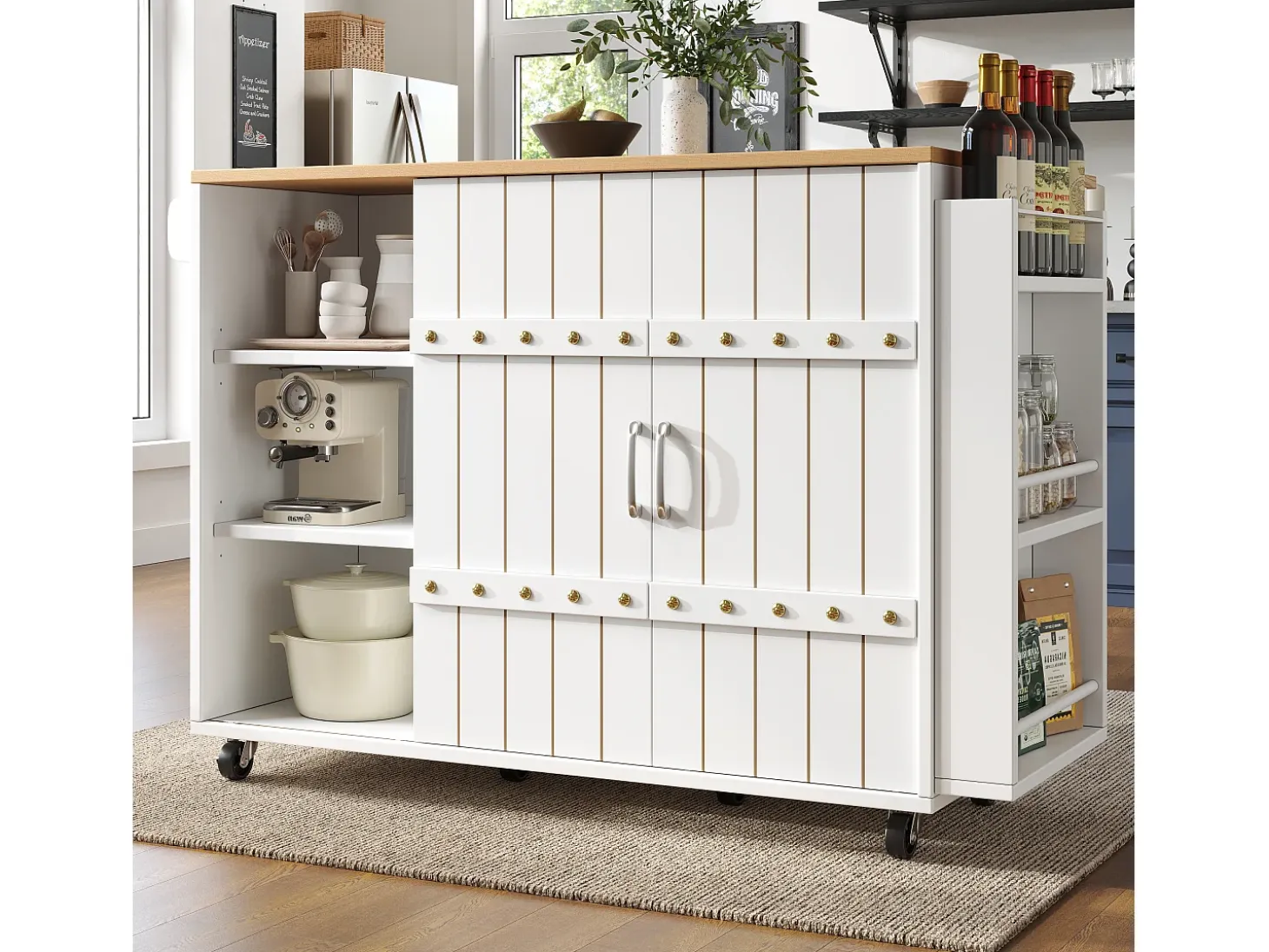 Mueble de cocina con ruedas, encimera, estantes y cajones, blanco, puertas correderas, toallero (110x42x90 cm)