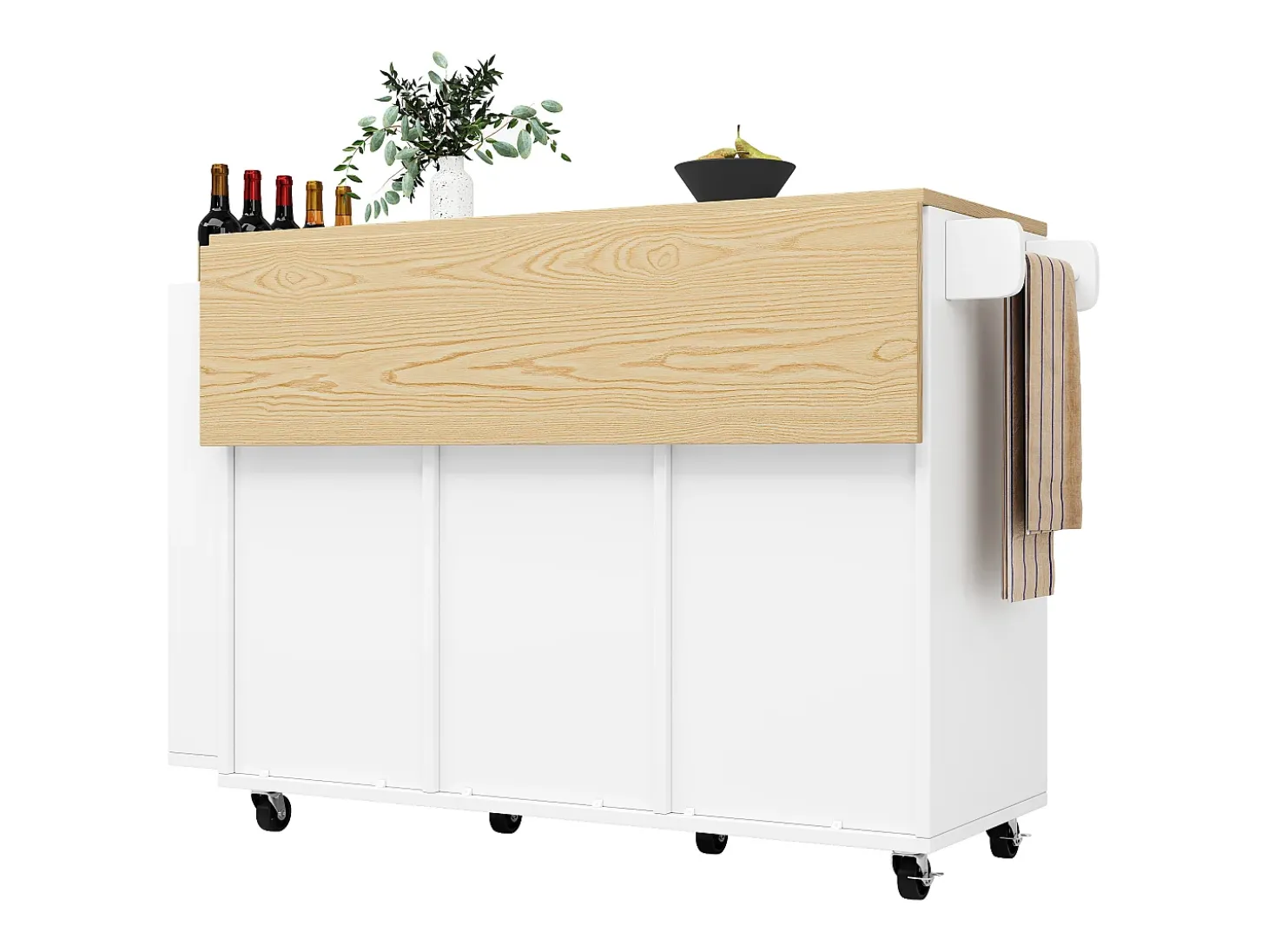 Mueble de cocina con ruedas, encimera, estantes y cajones, blanco, puertas correderas, toallero (110x42x90 cm)