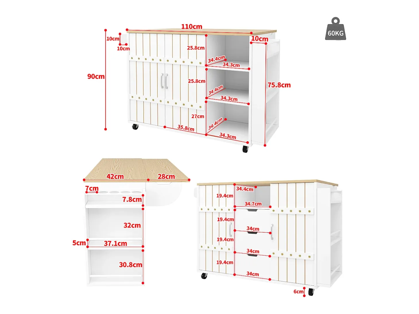 Mueble de cocina con ruedas, encimera, estantes y cajones, blanco, puertas correderas, toallero (110x42x90 cm)