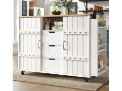 Mueble de cocina con ruedas, encimera, estantes y cajones, blanco, puertas correderas, toallero (110x42x90 cm)