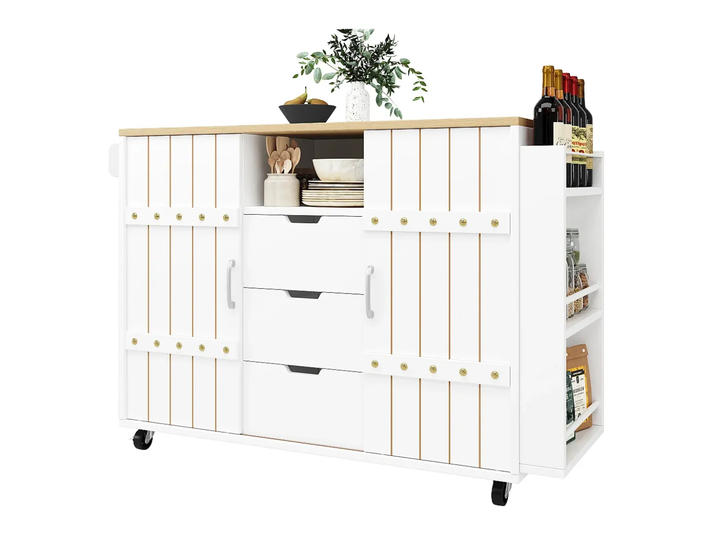 Mueble de cocina con ruedas, encimera, estantes y cajones, blanco, puertas correderas, toallero (110x42x90 cm)