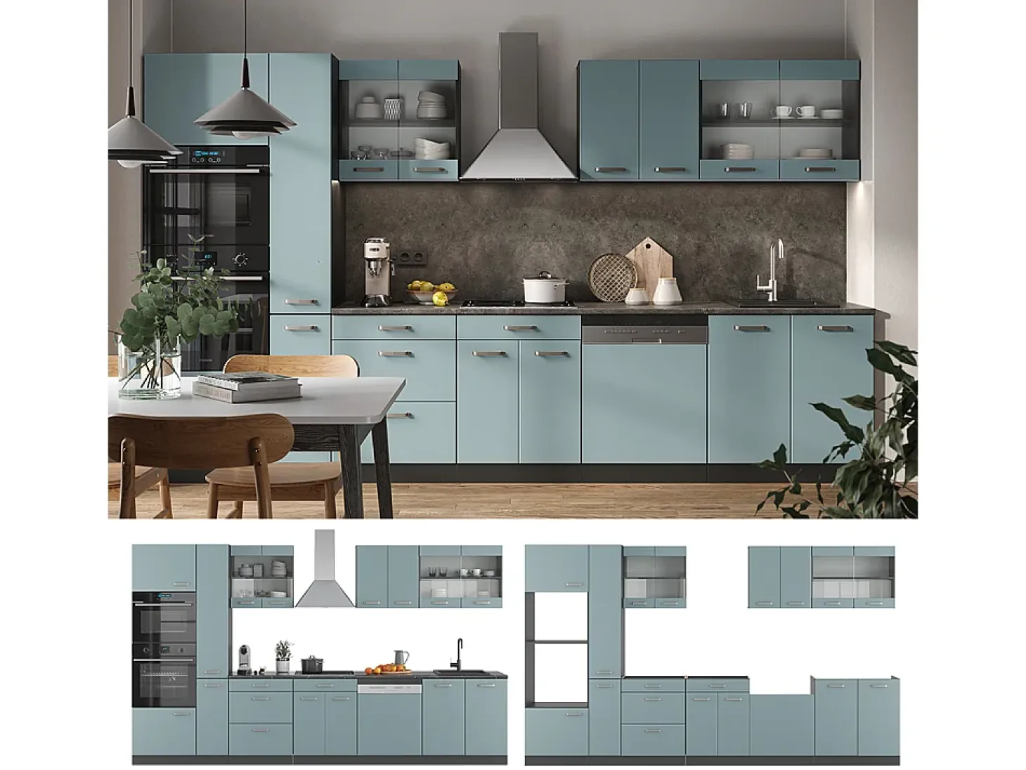 Mueble de cocina gris azulado/antracita 350x60x81.6 r-line