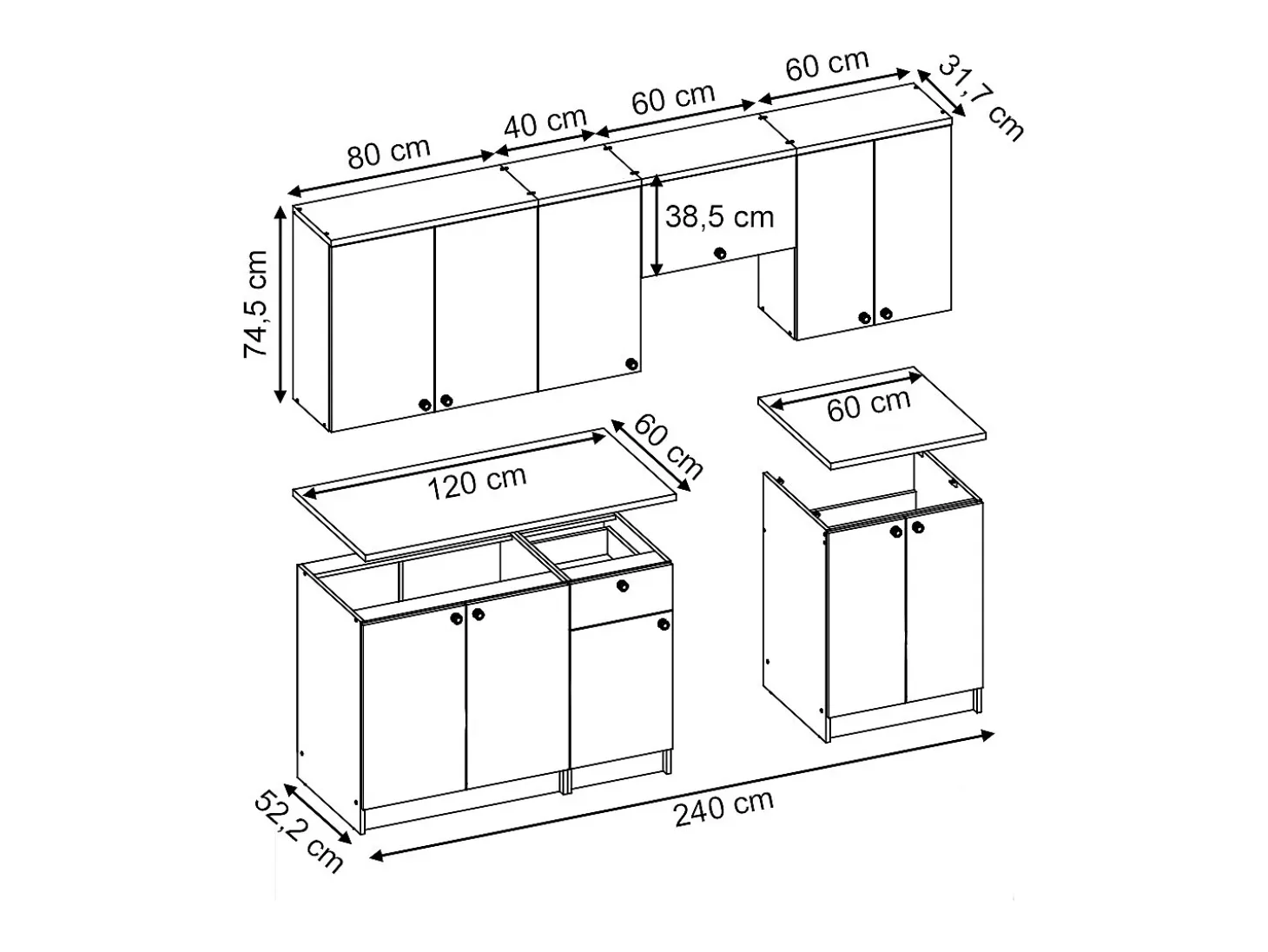 Mueble de cocina gris noble 240x60x81.6 bergamo