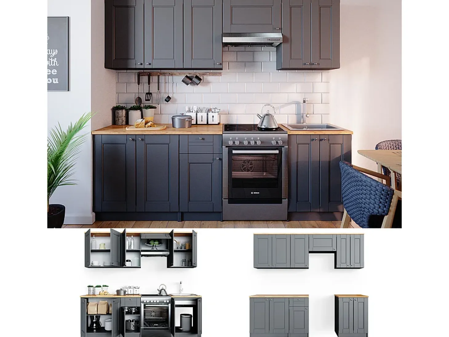 Mueble de cocina gris noble 240x60x81.6 bergamo