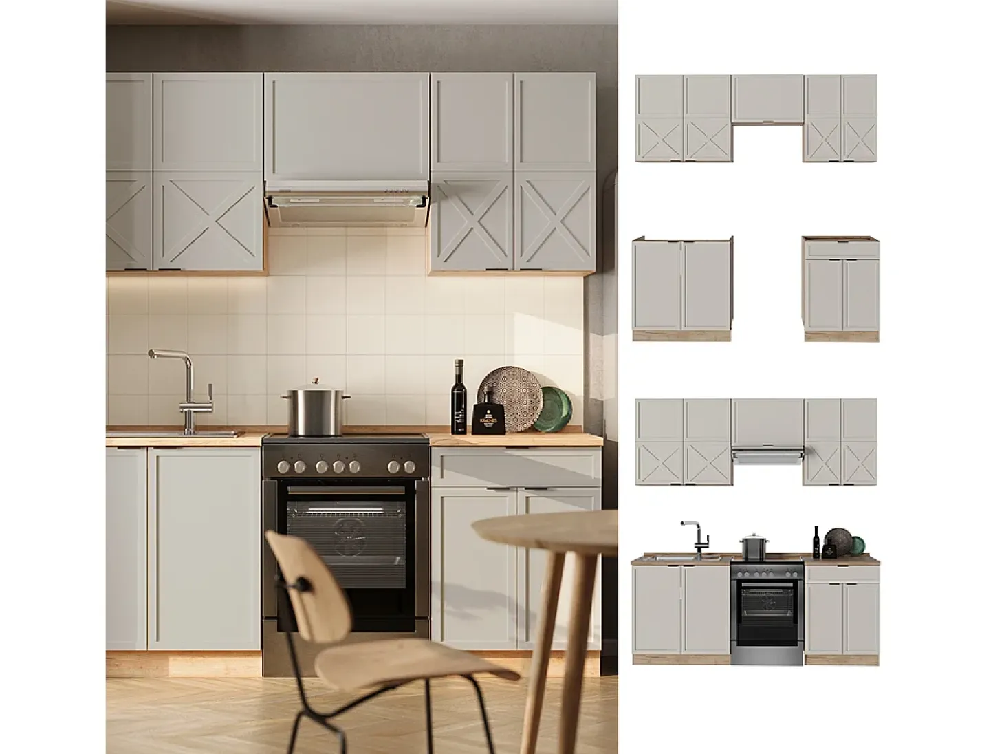 Mueble de cocina gris/beige/roble dorado 200x60x81.6 fame-line
