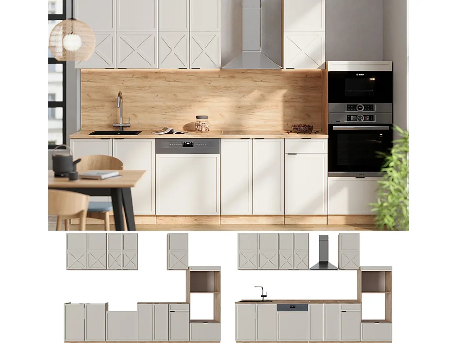 Mueble de cocina gris/beige/roble dorado 300x46x81.6 fame-line