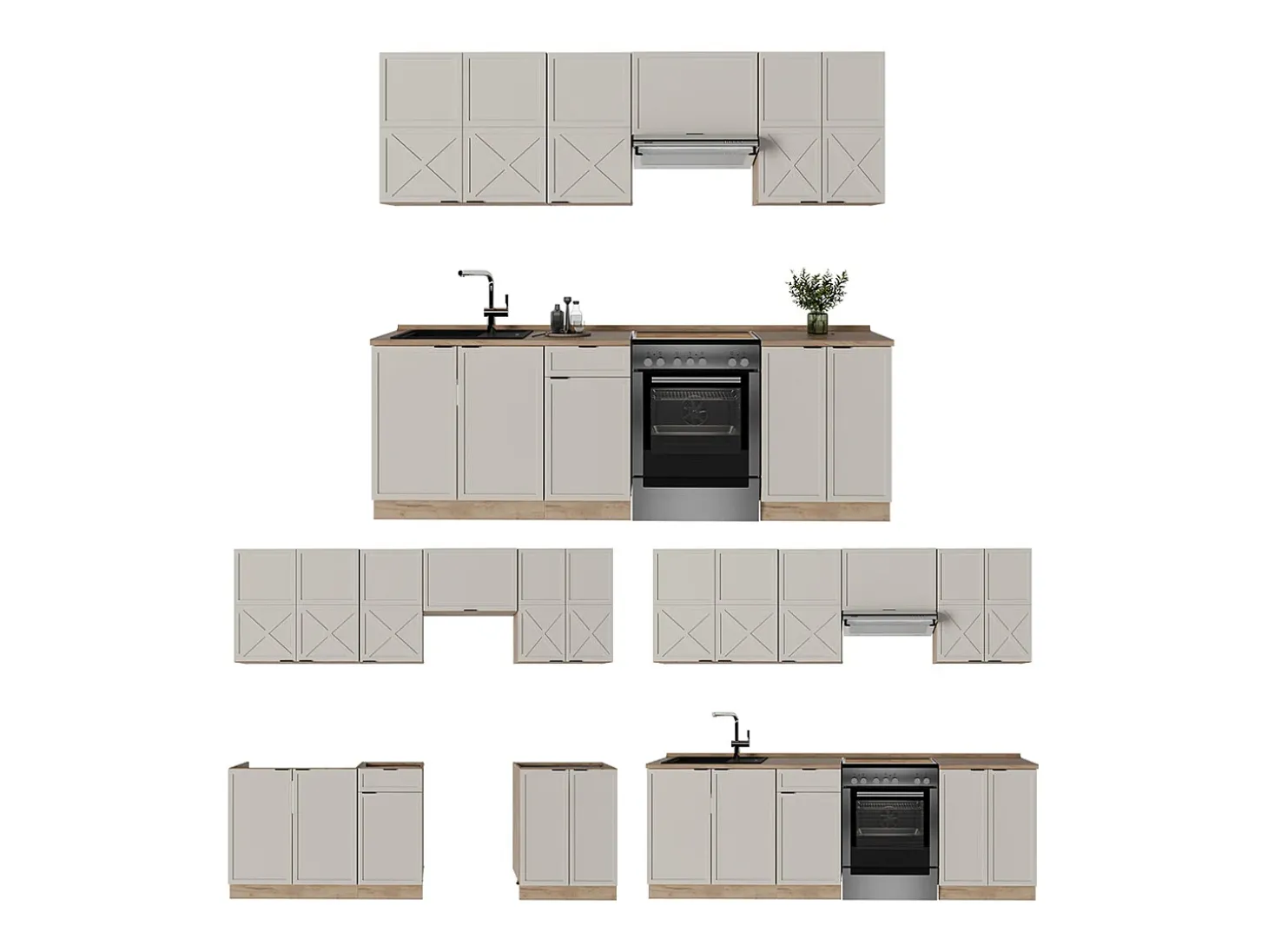 Mueble de cocina gris/beige/roble dorado 240x46x81.6 fame-line