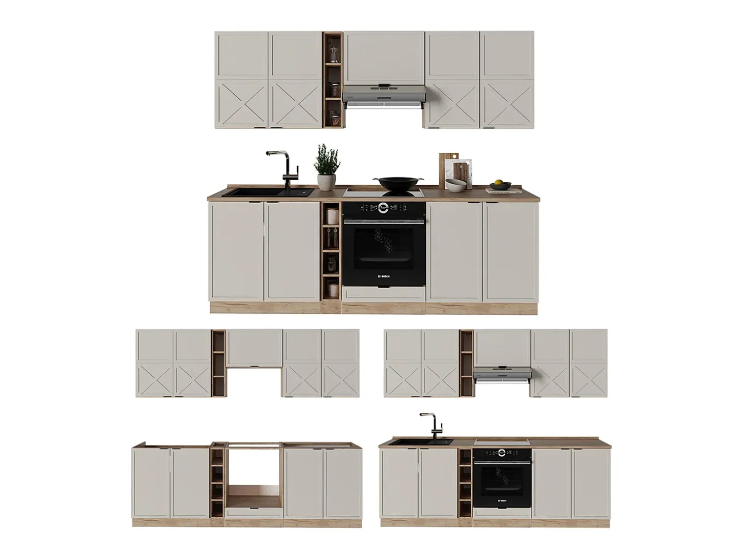 Mueble de cocina gris/beige/roble dorado 235x60x81.6 fame-line