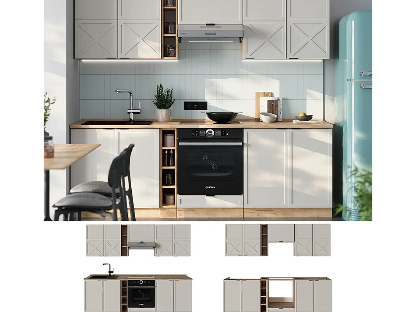 Mueble de cocina gris/beige/roble dorado 235x60x81.6 fame-line