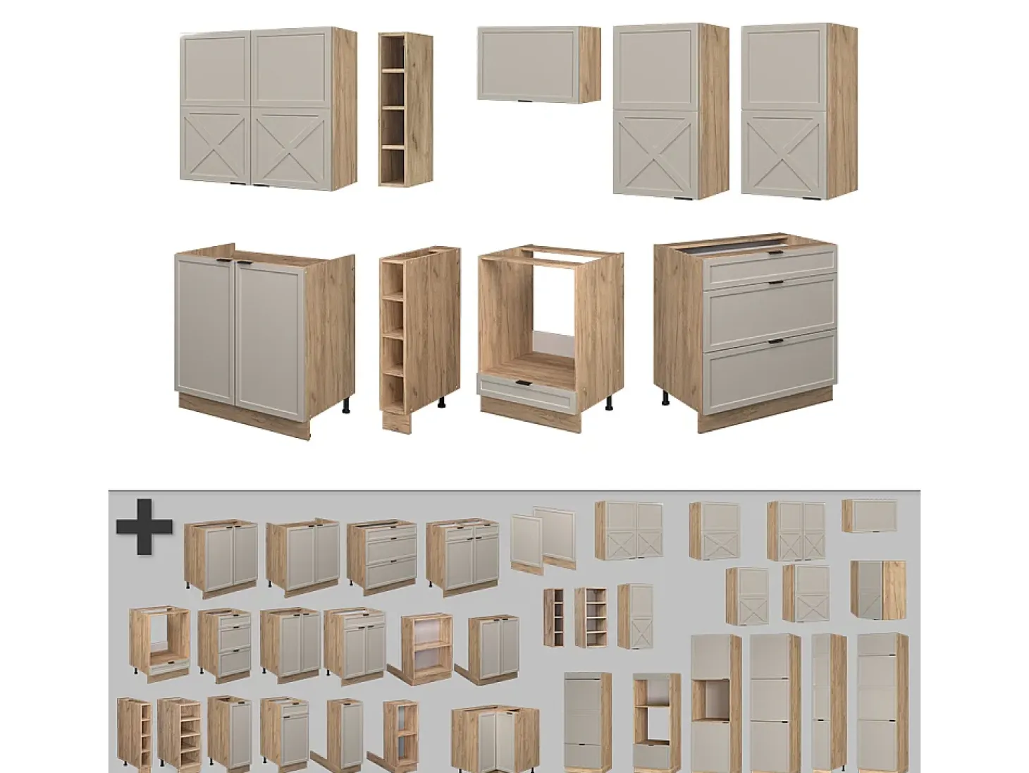 Mueble de cocina gris/beige/roble dorado 235x60x81.6 fame-line