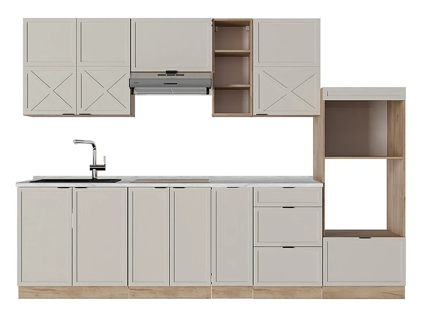 Mueble de cocina gris/beige/roble dorado 280x60x81.6 fame-line