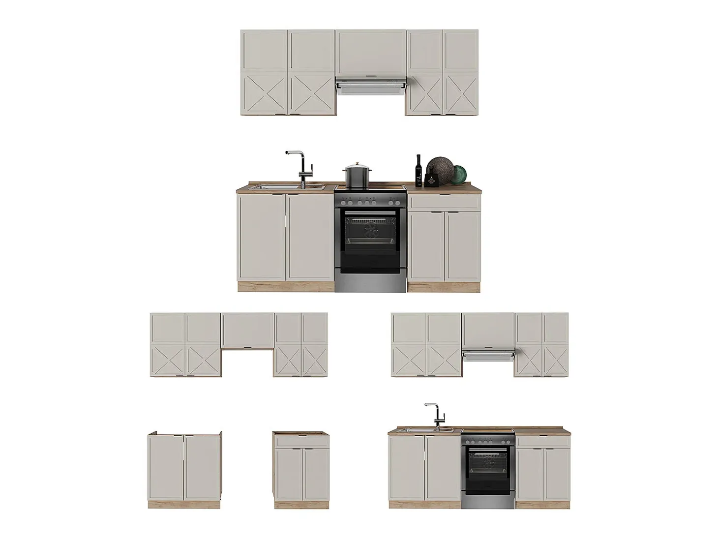 Mueble de cocina gris/beige/roble dorado 200x46x81.6 fame-line