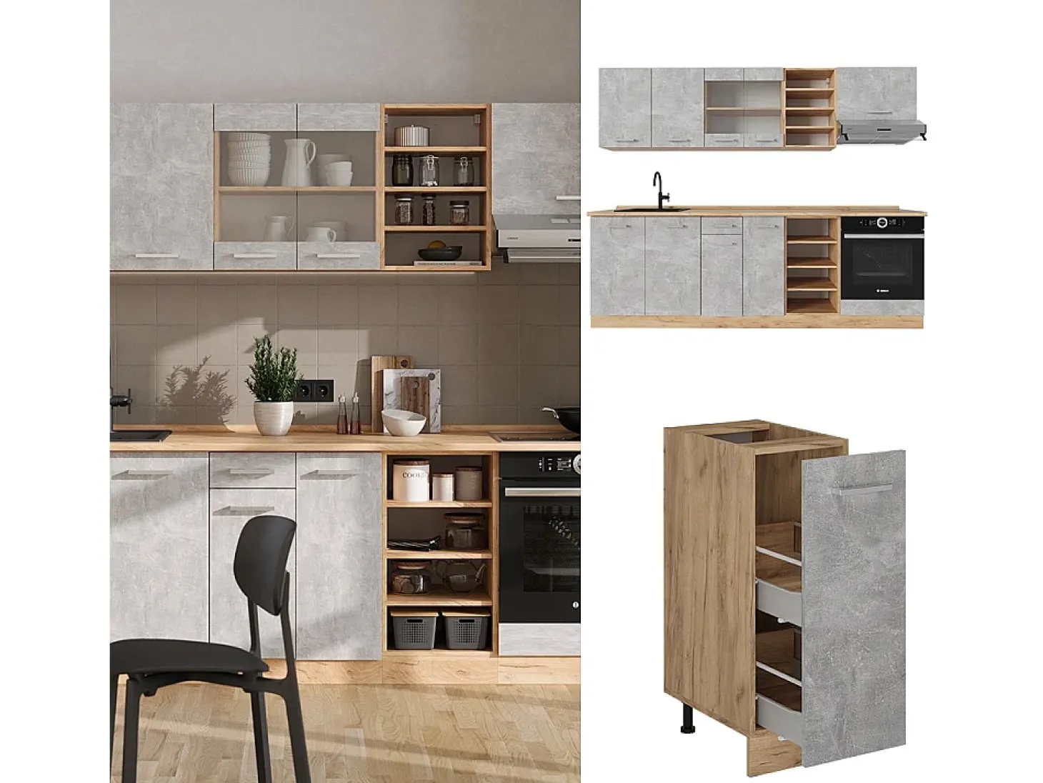 Mueble de cocina hormigón/roble dorado 240x60x81.6 r-line