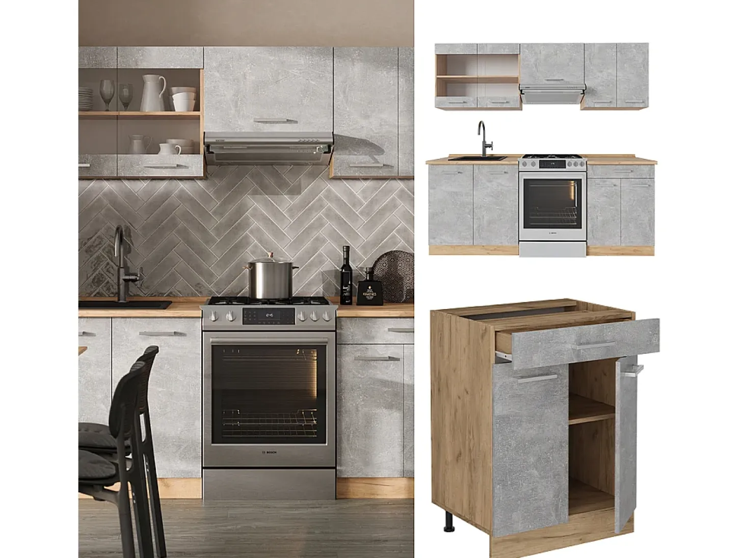 Mueble de cocina hormigón/roble dorado 200x60x81.6 r-line