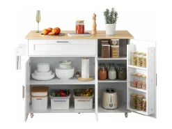 Mueble de cocina, mesa de cocina móvil, encimera plegable, especiero, toallero, 5 ruedas, 132,5x44(70)x90 cm, Blanco
