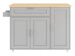 Mueble de cocina, mesa de cocina móvil, encimera plegable, especiero, toallero, 5 ruedas, 132,5x44(70)x90 cm, Gris