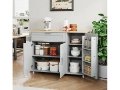 Mueble de cocina, mesa de cocina móvil, encimera plegable, especiero, toallero, 5 ruedas, 132,5x44(70)x90 cm, Gris
