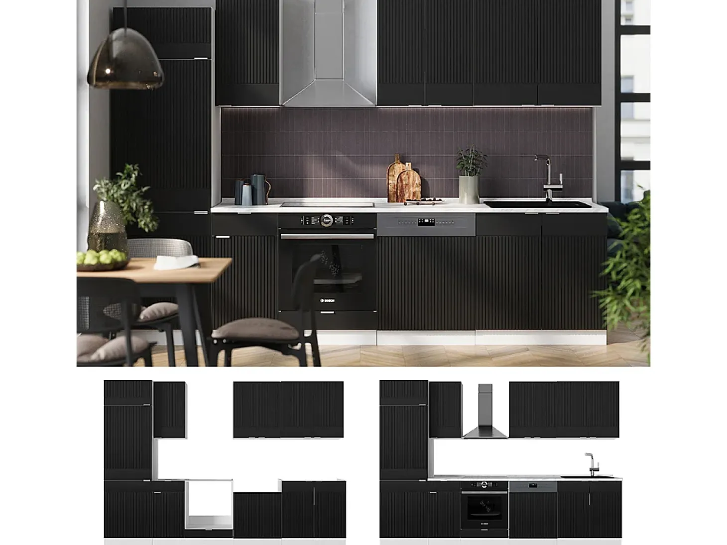 Mueble de cocina negro a rayas/blanco 300x60x81.6 fame-line