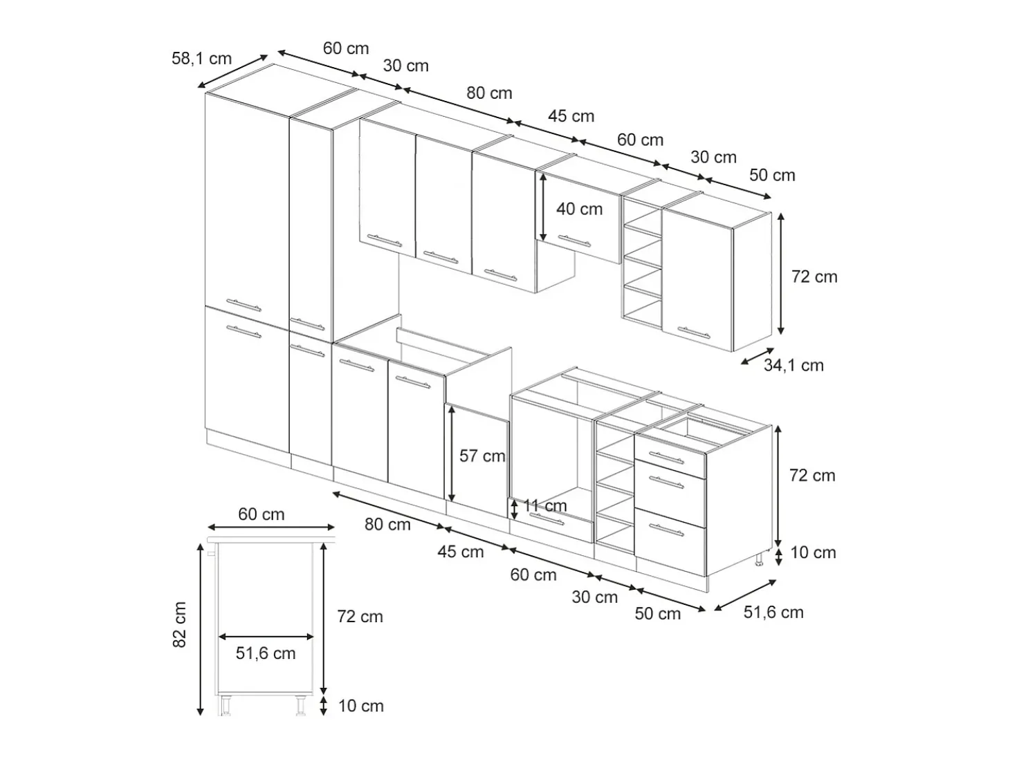 Mueble de cocina negro a rayas/blanco 355x60x81.6 fame-line
