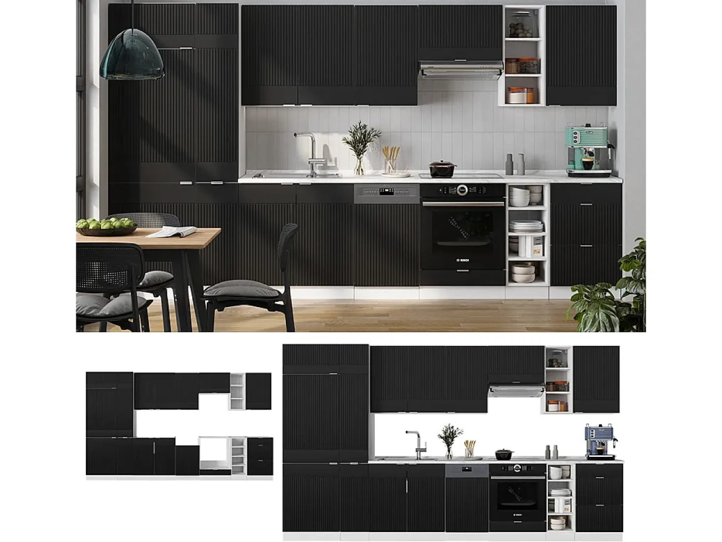Mueble de cocina negro a rayas/blanco 355x60x81.6 fame-line