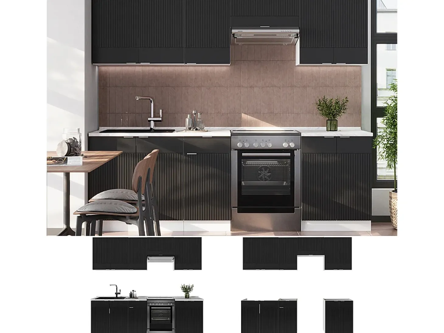 Mueble de cocina negro a rayas/blanco 240x46x81.6 fame-line