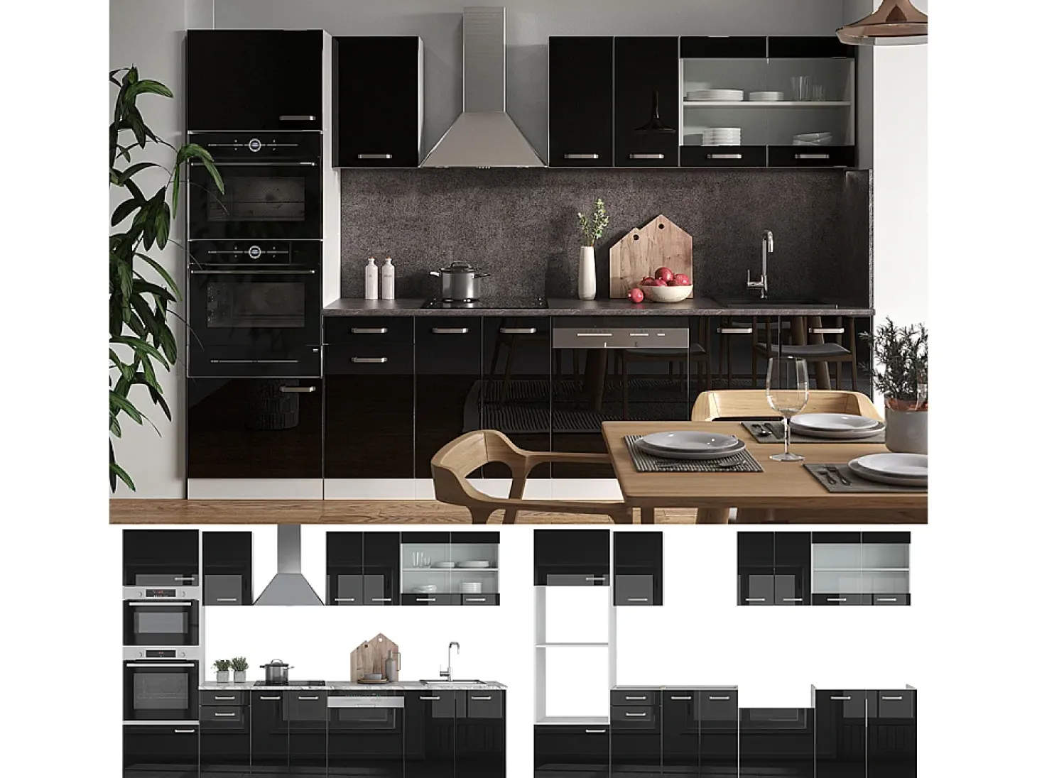 Mueble de cocina negro brillo/blanco 300x46x81.6 r-line