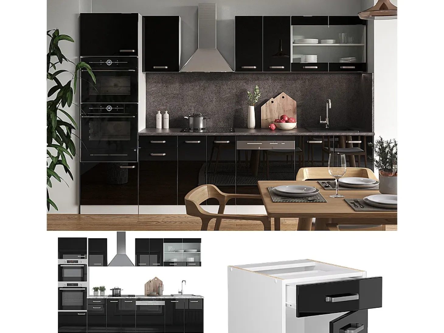 Mueble de cocina negro brillo/blanco 300x46x81.6 r-line