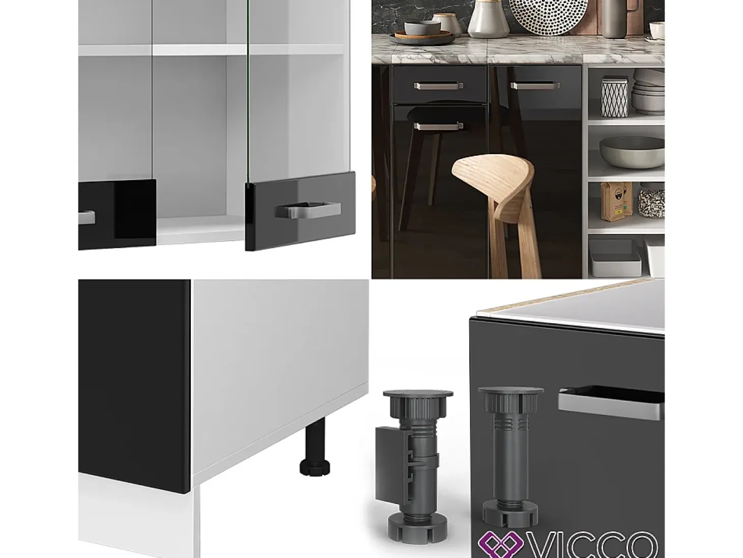 Mueble de cocina negro brillo/blanco 240x46x81.6 r-line