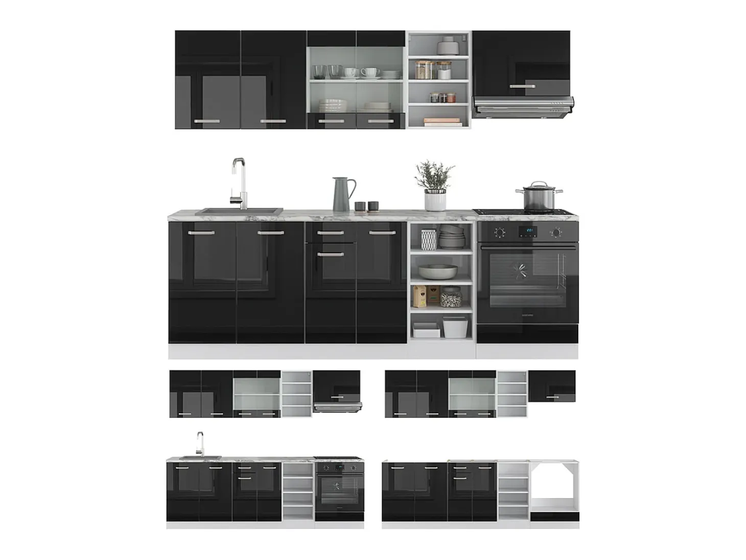 Mueble de cocina negro brillo/blanco 240x46x81.6 r-line