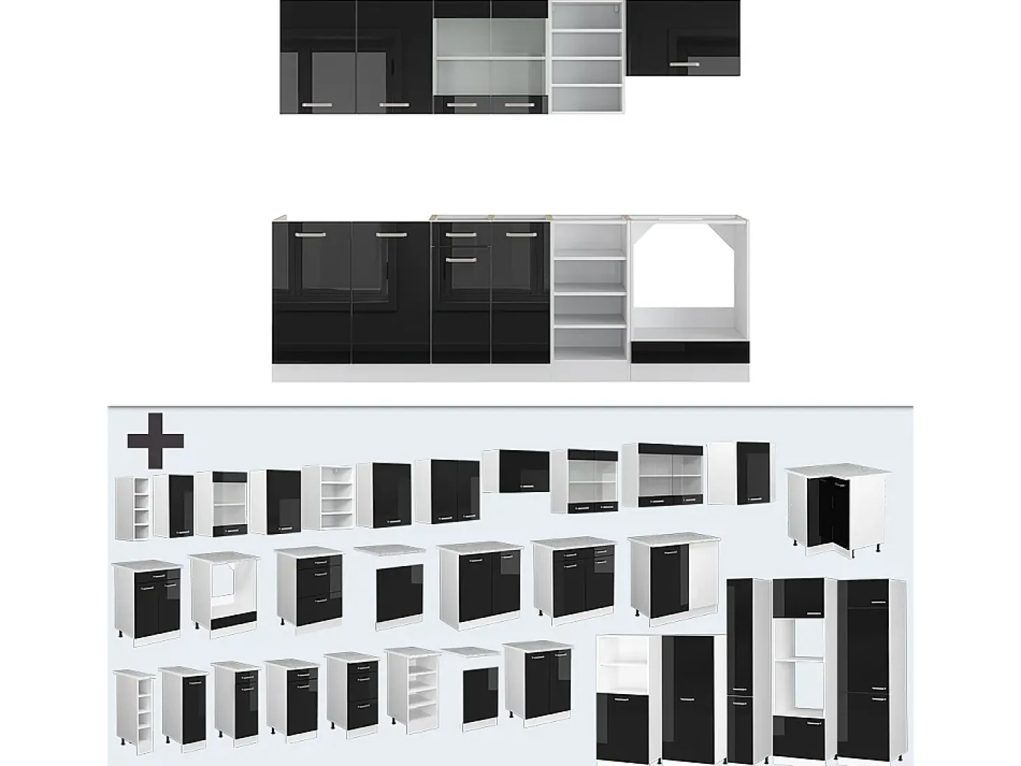 Mueble de cocina negro brillo/blanco 240x46x81.6 r-line