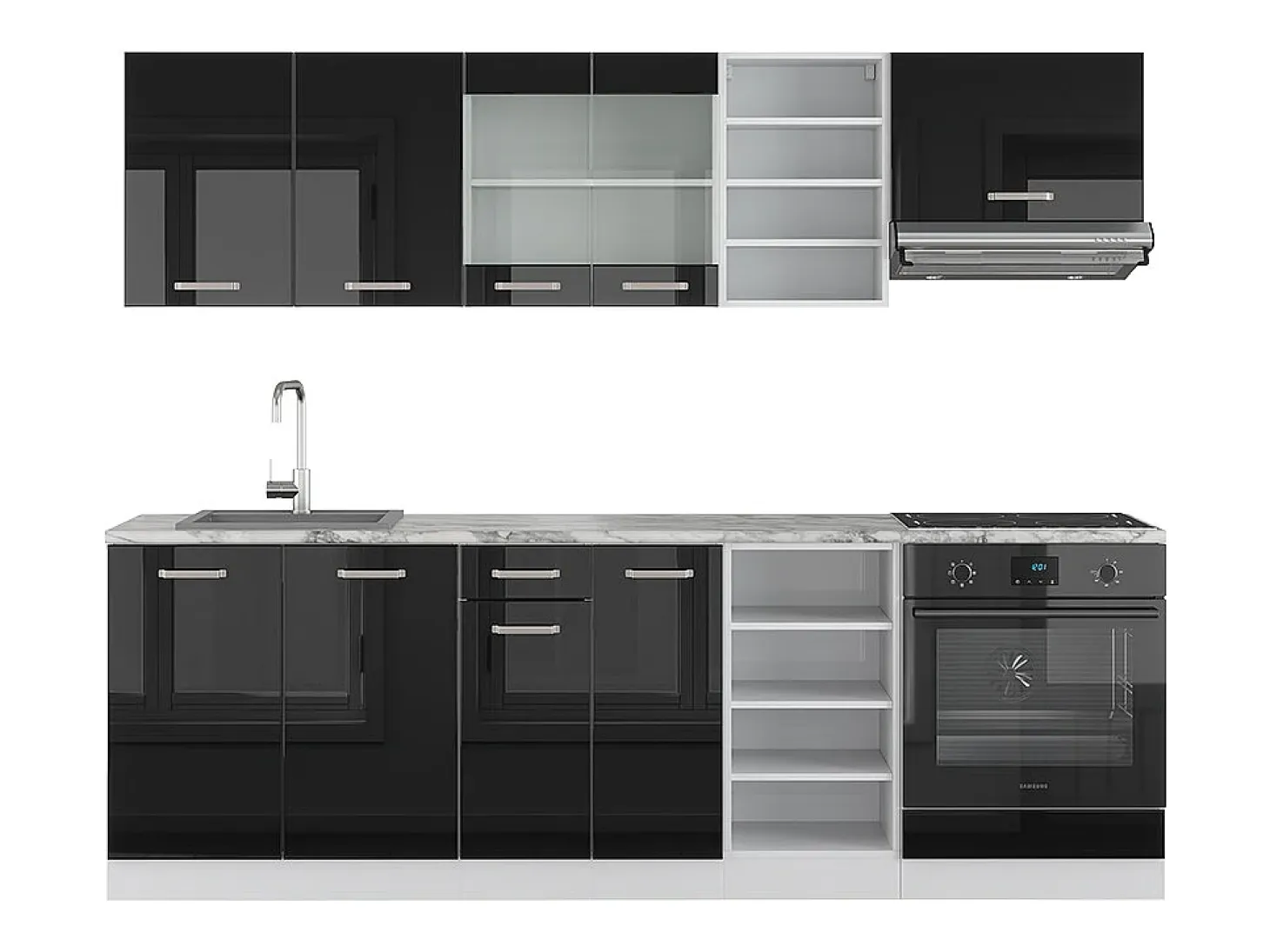 Mueble de cocina negro brillo/blanco 240x46x81.6 r-line