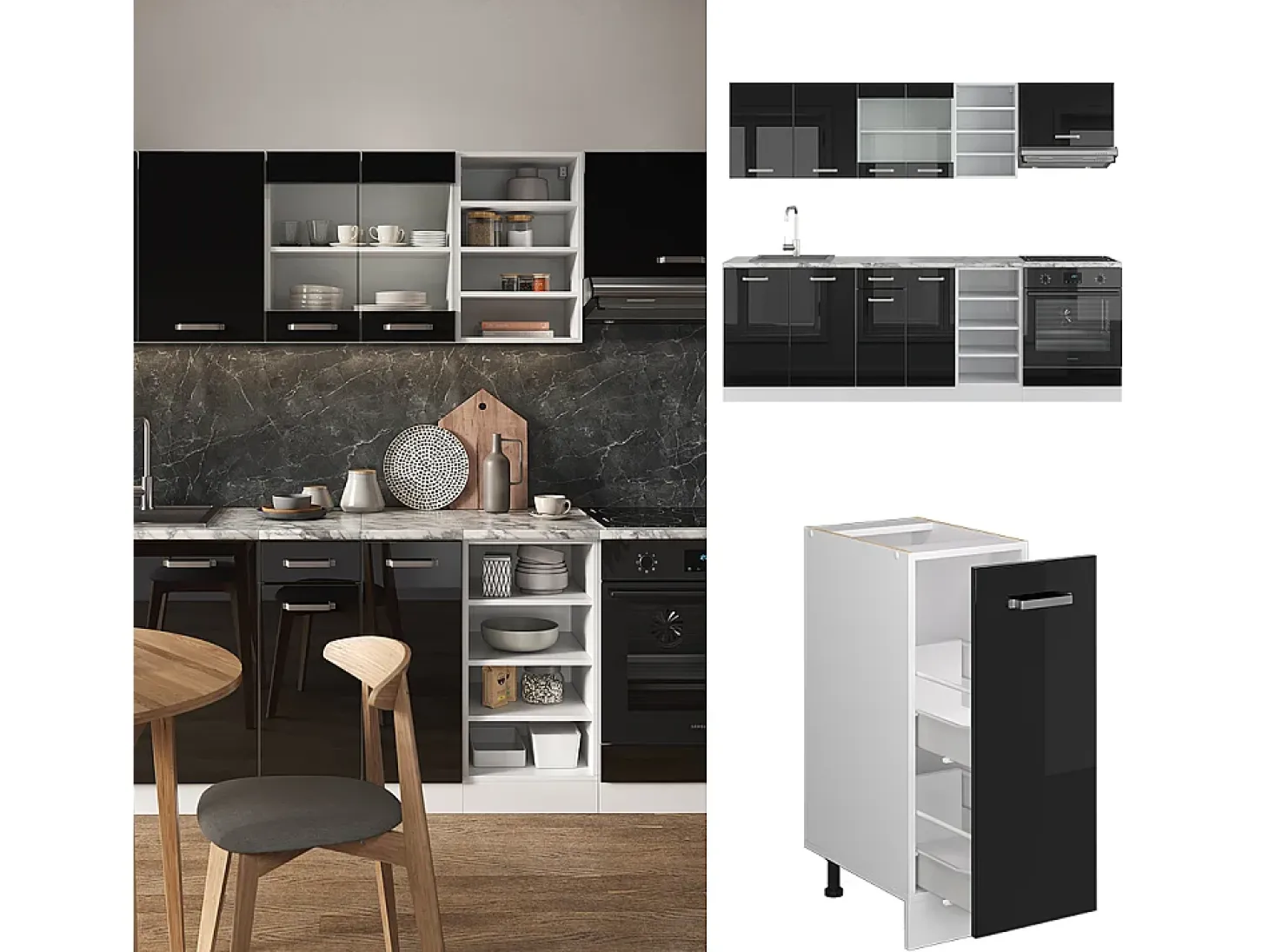 Mueble de cocina negro brillo/blanco 240x46x81.6 r-line