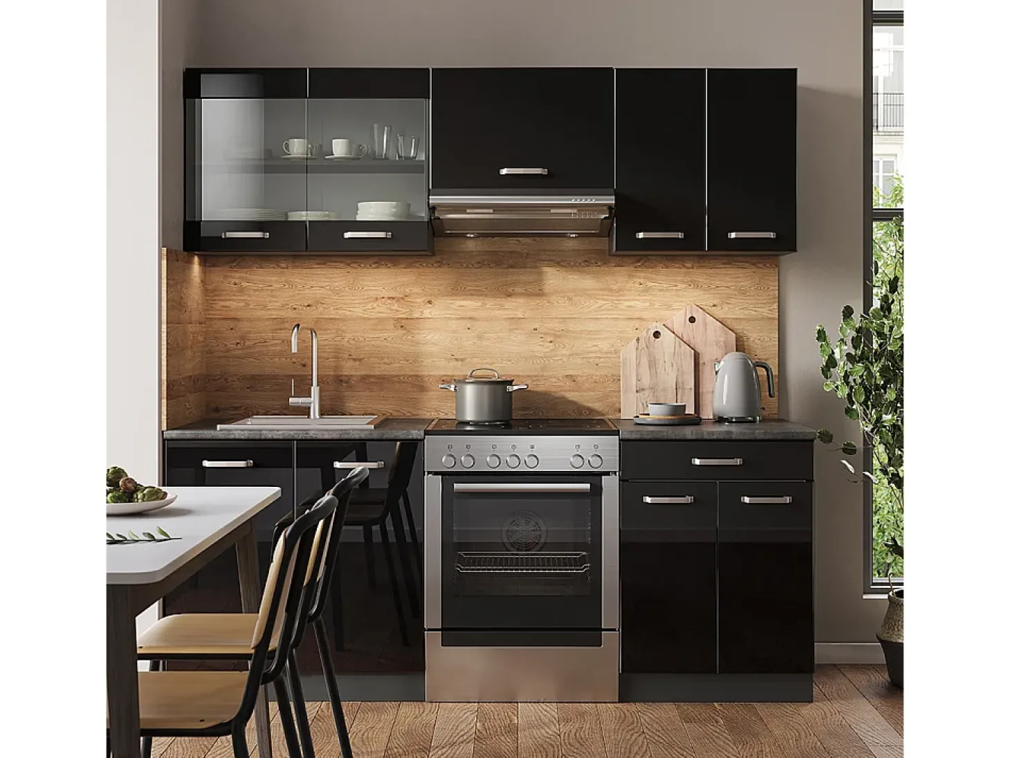 Mueble de cocina negro/antracita de alto brillo 200x60x81.6 r-line