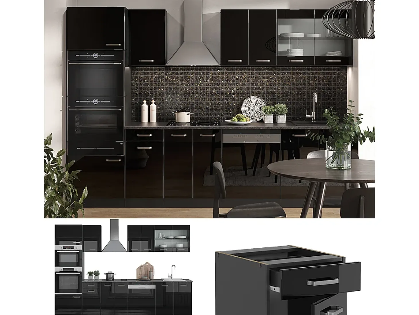 Mueble de cocina negro/antracita de alto brillo 300x60x81.6 r-line