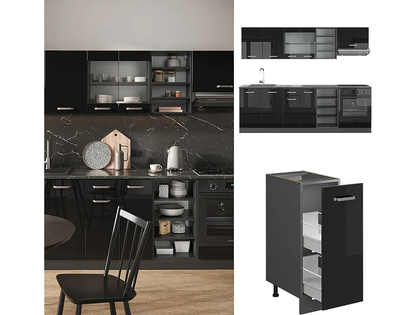 Mueble de cocina negro/antracita de alto brillo 240x60x81.6 r-line