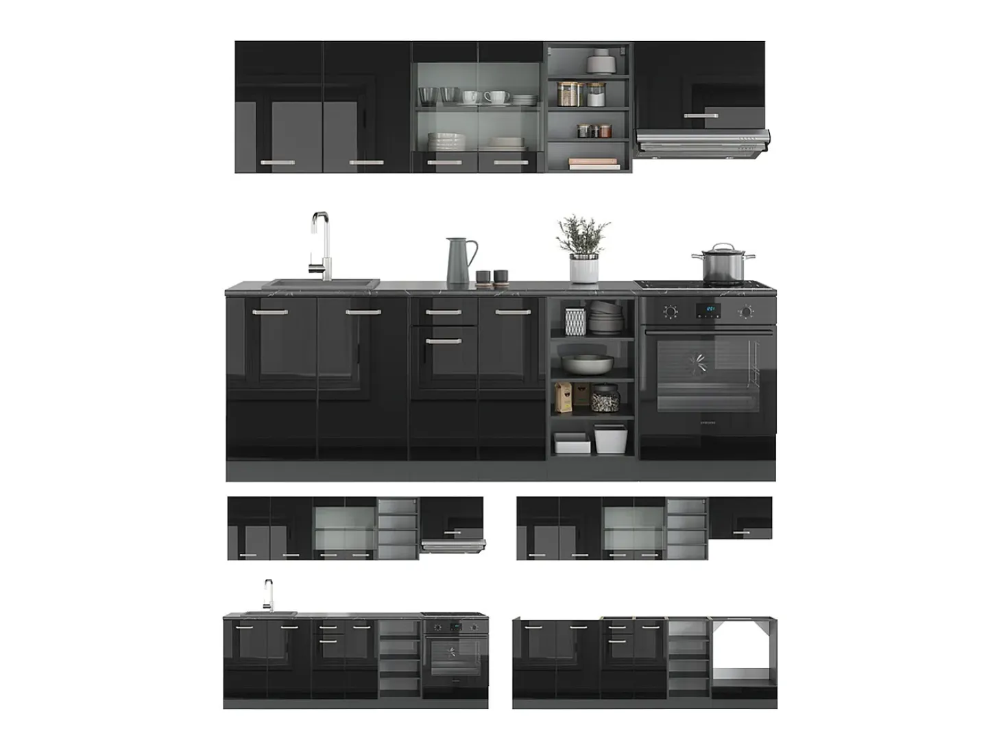 Mueble de cocina negro/antracita de alto brillo 240x60x81.6 r-line