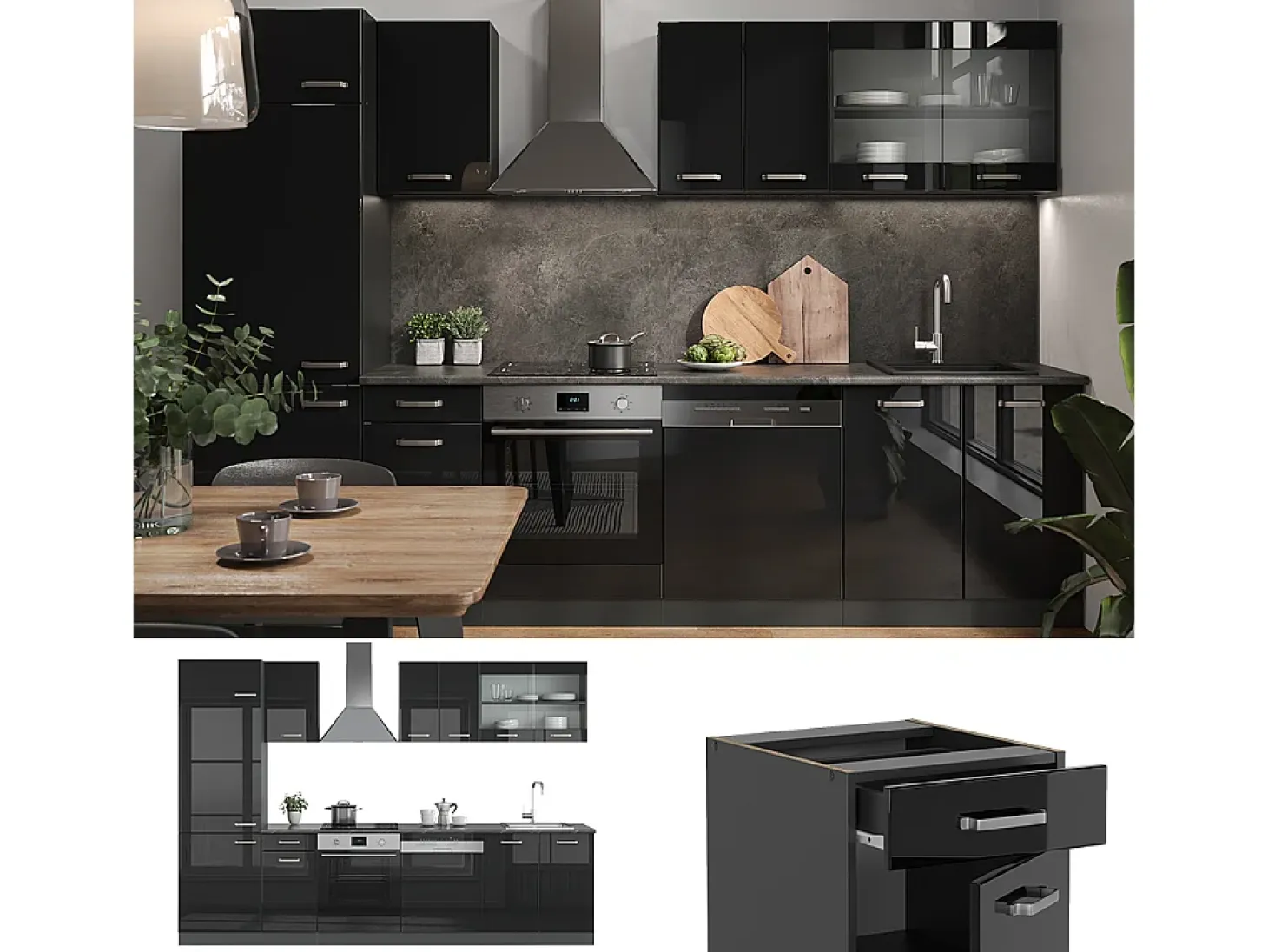 Mueble de cocina negro/antracita de alto brillo 300x46x81.6 r-line
