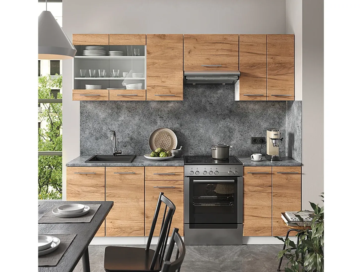 Mueble de cocina oro potencia roble/blanco 240x60x81.6 fame-line