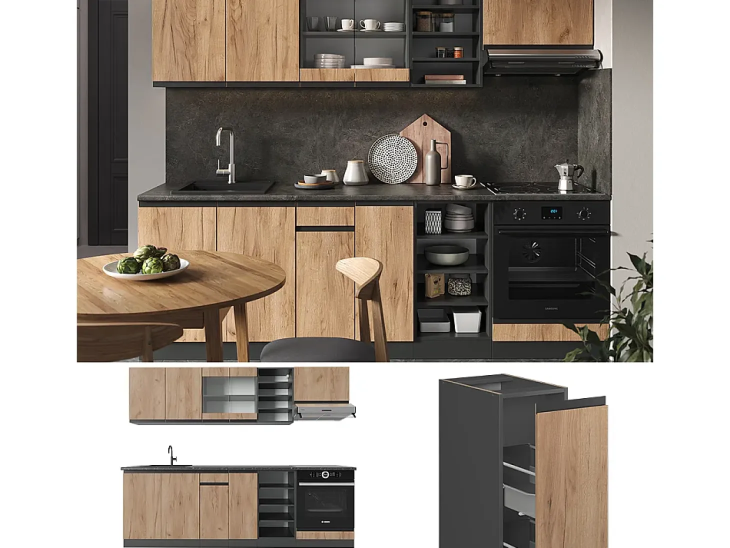 Mueble de cocina oro power roble/antracita 240x60x81.6 r-line