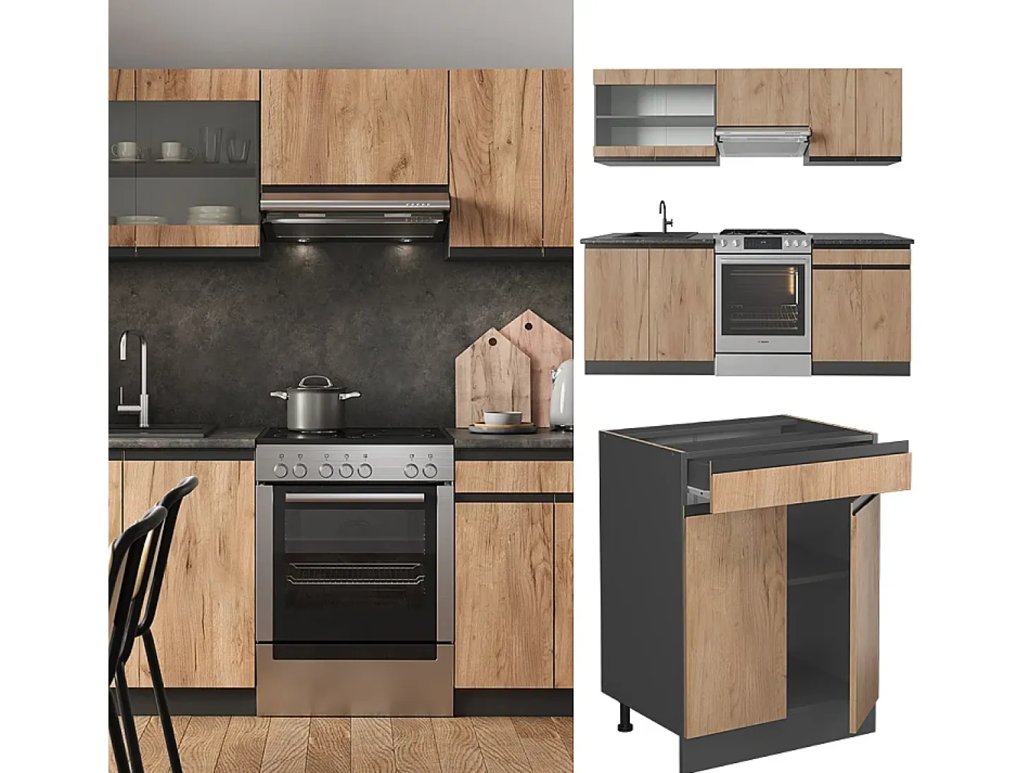 Mueble de cocina oro power roble/antracita 200x46x81.6 r-line
