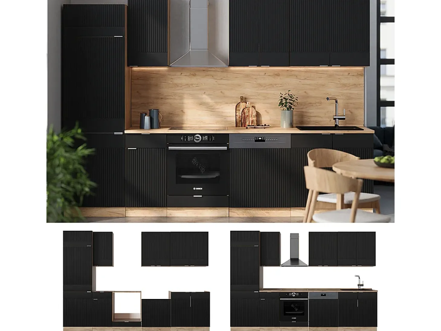 Mueble de cocina rayas negras/roble dorado 300x60x81.6 fame-line
