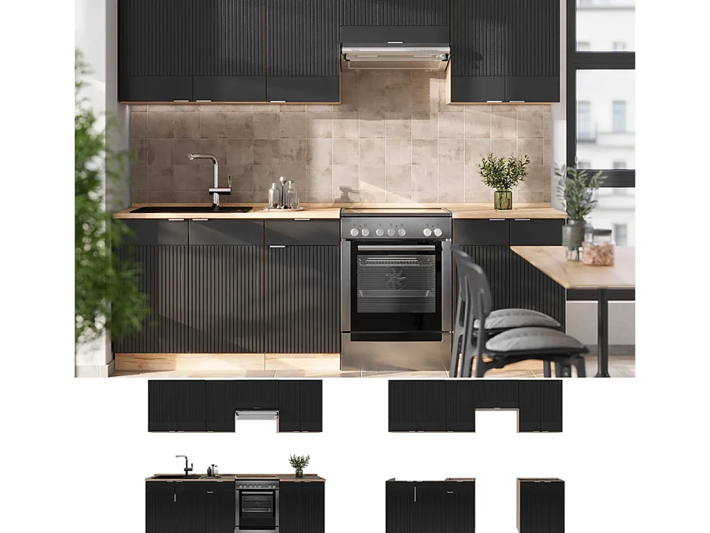 Mueble de cocina rayas negras/roble dorado 240x60x81.6 fame-line