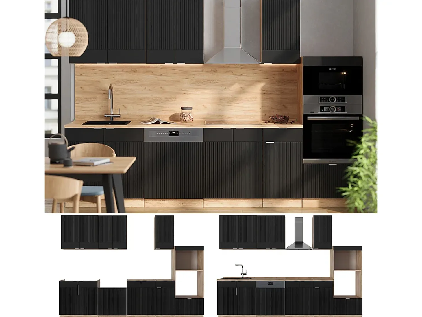 Mueble de cocina rayas negras/roble dorado 300x60x81.6 fame-line